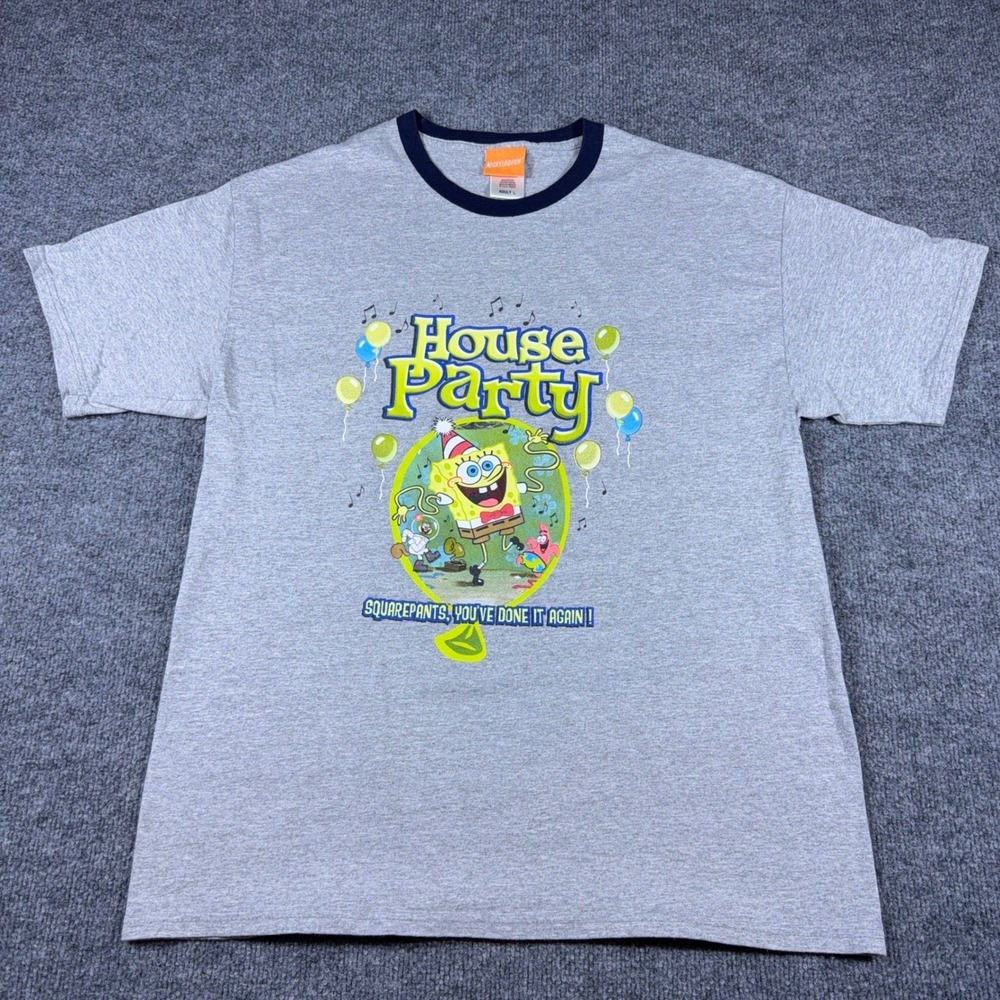 Vintage Nickelodeon SpongeBob SquarePants House Party T-Shirt Gray Mens Large L